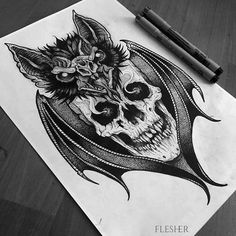 a black and white drawing of a bat with flowers on it's head, in the shape of a skull