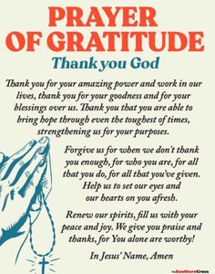 a prayer card with an image of praying hands and the words,'prayer of gratitude thank you god '