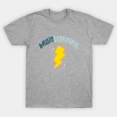 a gray t - shirt with the words brain storming in blue and yellow on it