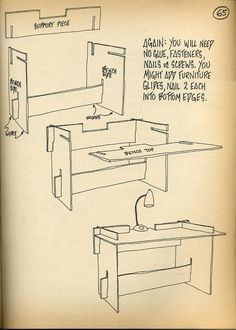 an old book with some drawings of desks and shelves on it's side