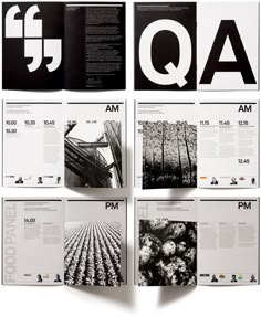 an open book with black and white images on it's pages, including the letter qa