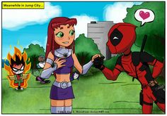 a woman in a purple outfit standing next to a deadpool and a man in a red suit