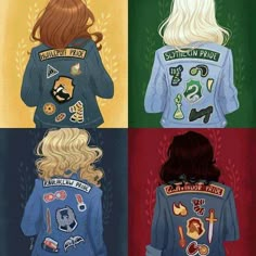 the back of three women's jackets with patches on them