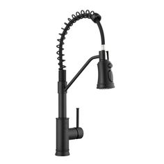 a black kitchen faucet with an adjustable goose head and pull out spout