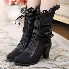 Category:Boots; Upper Materials:Faux Leather; Embellishment:Lace-up; Season:Winter,Fall; Heel Type:Block Heel; Gender:Women's; Toe Shape:Round Toe; Type:Mid Calf Boots; Style:Minimalism,Elegant,Fashion,Vintage; Heel Height(inch):1-2; Outsole Materials:Rubber; Occasion:Valentine's Day,Daily; Closure Type:Zipper; Pattern:Solid Color; Listing Date:09/21/2023; Production mode:External procurement; 2024 Trends:Ladies Shoes Valentines Gifts,Plus Size; Foot Length:null; Foot Width:null; Size chart date Cute Stylish Boots, Vampire Shoes Aesthetic, Woman Shoes Aesthetic, Victorian Style Shoes, Dark Lotila Fashion, Knee High Boots With Heels, Ouji Boots, Lace Gifts For Him, Romantic Goth Shoes