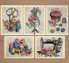 four books with different types of sewing and flowers on them, each one has an image of a sewing machine