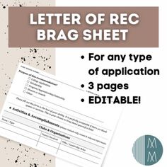 the letter of rec brag sheet for any type of application 3 pages editable