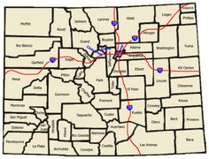 a map of the state of minnesota with several locations marked in red and blue on it