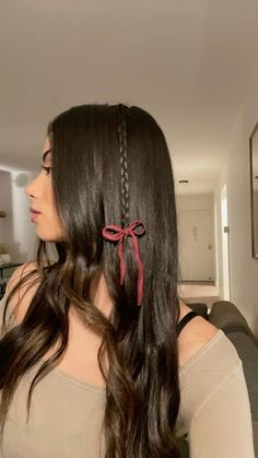 Small Braid With Ribbon, Braids And Ribbons Hairstyles, Two Braids Hairstyle With Hair Down, Ribbon Hairstyle Hair Down, Aesthetic Hair Down Hairstyles, Hairstyle With Bow Tie, Ribbon Hairstyle Straight Hair, Red Ribbon Hair Aesthetic, Bows On Hair Hairstyles