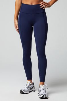 On-The-Go Powerhold® High-Waisted Legging Fabletics Deep Navy female Activewear >> Womens >> Bottoms >> Leggings >> Full Length PowerHold regular Training 4-Way Stretch/Chafe-Resistant/External Pocket/Moisture-Wicking/UPF Protection Lululemon Tights, Compression Clothing, Deep Squat, White Charcoal, Gym Leggings, High Rise Leggings, High Waisted Leggings, Classic White, Active Wear For Women