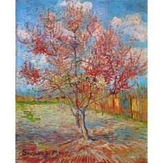 a painting of a tree in the middle of a field with red leaves on it