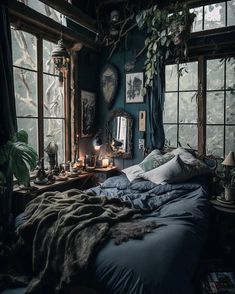 a bedroom with lots of windows and plants on the wall