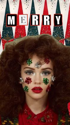 a woman with christmas decorations painted on her face and the words merry above her head