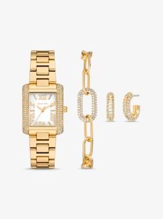 This pavé-encrusted three-piece set includes our petite Emery watch as the centerpiece alongside a chain-link bracelet and hoop earrings. The gold-tone timepiece features a rectangular face, beveled strap and Roman numeral indexes for a classic finish. Worn together, thesepieces are simply dazzling. Watch And Jewelry, Rectangular Face, Pave Bracelet, Brass Hoop Earrings, Three Hands, Sneaker Dress Shoes, Roman Numeral, Steel Watch, Stainless Steel Watch