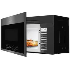 an open microwave with food in it on a white background and black trimmings