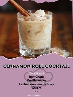 🍂🍸 Savor the flavors of fall with a cozy Cinnamon Roll Cocktail! #FallDrinks #CozyCocktail Cinnamon Roll Cocktail Ingredients: RumChata (1 oz) Vanilla vodka (1 oz) Fireball cinnamon whisky (1 oz) Cream (1 oz) Ice (for shaking) Cinnamon stick (for garnish) Ground cinnamon (for garnish) Instructions: In a shaker, combine RumChata, vanilla vodka, Fireball cinnamon whisky, cream, and ice. Shake well and strain into a glass. Garnish with a cinnamon stick and a sprinkle of ground cinnamon. 🍹✨ T... Crown Vanilla Drinks Recipes, Vanilla Rum Drinks Recipes, Vanilla Drink Recipes, Fireball Drinks Recipes, Vanilla Vodka Drinks, Vanilla Cocktail, Cinnamon Cocktail, Fireball Drinks, Vanilla Drinks