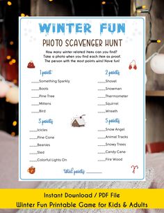 "Winter Photo Scavenger Hunt Printable Game | Winter Activity for Kid & Adult | Winter Game | Office Party game | Christmas | Holiday Party, Instant Download, PDF This Winter Photo Scavenger Hunt Printable Game is an excellent activity for adults and kids. It is a fun activity and party game you can shine the party! Throw a party with this fun and easy printable game! NO PHYSICAL PRODUCT WILL BE SHIPPED ★ WHAT YOU GET ★ -Winter Photo Scavenger Hunt Printable Game <2 PDF Files> Each File with Whi Kids Christmas Party Target, Winter Rally Games, Office Christmas Party Games, Holiday Luncheon, Dinner 2023, Christmas Pajama Party, Scavenger Hunt Printable, Game Office, Office Party Games