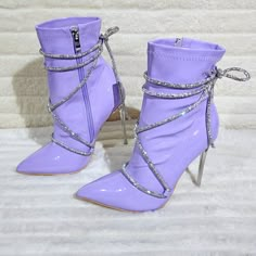 Stretch Patent Pointy Toe 4" Heels Sparkly Rhinestone Strap Side Zipper Brand New True To Size Purple Lace-up Party Boots, Party Boots With Rhinestones And Lace-up, Party Lace-up Boots With Rhinestones, Party Rhinestone Lace-up Boots, Silver Rhinestone Boots For Spring, Spring Silver Boots With Rhinestones, Purple Heels Wedding, Purple Shoes Heels, Heels Sparkly