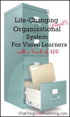 a file cabinet with files in it and the words life - changing organization system for visual learners with a touch of ad