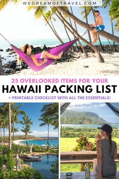 a woman sitting in a hammock on the beach with text overlay reading 25 overlooked items for your hawaii packing list printable checklist with all the essentials