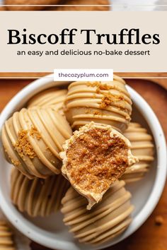 a white bowl filled with cookies on top of a wooden table