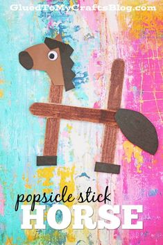 a horse made out of popsicle sticks on top of a colorful background with the words popsicle stick horse