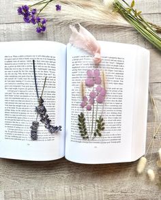 an open book with dried flowers on it