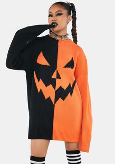 let's fill you up! This long sleeve sweater has a two-toned intarsia knit construction, a jack-o-lantern graphic at front, an oversized fit, and a ribbed crew neckline, cuffs, and hem. Orange Ribbed Cuffs Sweatshirt For Fall, Orange Long Sleeve Sweater For Streetwear, Halloween Crew Neck Sweater, Halloween Long Sleeve Streetwear Sweater, Spooky Black Long Sleeve Sweater, Spooky Long Sleeve Black Sweater, Oversized Spooky Sweatshirt For Fall, Orange Long Sleeve Halloween Sweater, Halloween Wishlist