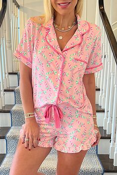 Pink Christmas Candy Cane Print Pocketed Knotted Pajama Set Shirt Collar Styles, Short Sleeve Pattern, Lounge Shorts, Christmas Candy Cane, Lounge Set, Christmas Pajamas, Christmas Candy, Pink Christmas, Red Christmas