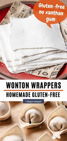 homemade gluten - free wonton wrappers on a plate with text overlay