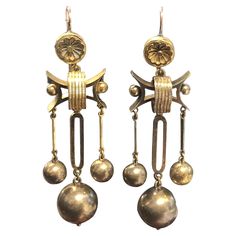 Circa 1880s High Style Victorian, Etruscan Revival Yellow Gold Earrings, measuring 2 3/4 inches in length X 3/4 inch wide. Showing some signs of 100 years of Patina and Tarnish and a small ding on the back side of one of the large ball drops. Large Gold Earrings, Jewellery Aesthetic, Ball Drop, Yellow Gold Earrings, Yellow Gold Earring, Large Earrings, 100 Years, My Jewellery, Jewelry Earrings Dangle