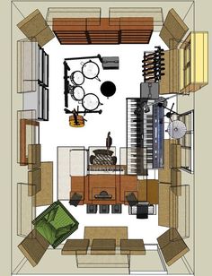 an overhead view of a living room and kitchen