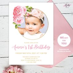 Baby Girl 1st Birthday Invitation Invitation! We edit for you! *Fully customizable *Can be for any age This is a digital download file only. We will edit for you and send you a draft until we finalize your end result! Please send us the photo you'd like to use to iboltz@boltzproductions.com along with the following information in your notes. 1. Name 2. Date  3. Location 4. Time 5. RSVP Name and Number Girl 1st Birthday, 1st Birthday Invitation, 1st Birthday Invitations, Invitation Digital, Gold Baby, 1st Birthday Girls, Handmade Baby, Invitation Paper