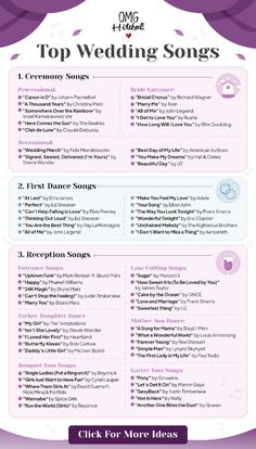 Infographic titled "Top Wedding Songs" with categories: Ceremony Songs, First Dance Songs, Reception Songs, and Cake Cutting Songs. Each section lists popular song titles and artists, with decorative hearts and a flowery background. Songs For First Dance Wedding, Wedding Dinner Music Playlist, Songs That Will Make You Dance, First Song Wedding Dance, Wedding Playlist Black People, Wedding Party Processional Songs, Songs Needed For Wedding, Wedding Playlist Names, Wedding Party Dancing