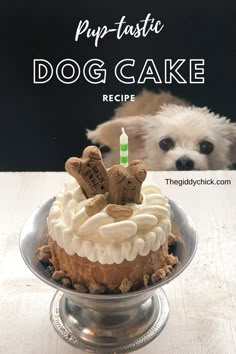 there is a cake on the table with a dog in the background that says pup -tastic dog cake recipe