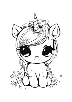 a black and white drawing of a little unicorn