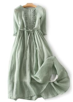 Indulge in luxury with our Elegant Green Ruffled Button Tie Waist Cotton Long Dress. Crafted from premium, high-quality cotton, this dress features delicate ruffles, a flattering tie waist, and elegant half sleeves. Make a statement at any event with this sophisticated and exclusive piece. Fabric: Cotton 45%. Linen 55%Size & Fit:Fit: This garment fits true to size.Length: Size L measures 47.58"from shoulder to hemBust: Great for any cup size. Waist: Loose Fit. Comfortable room throughout midsection.Hip: Loose Fit - room for hips.Hand Wash Cold. Stylish Maxi Dress, Vestidos Retro, Cotton Long Dress, Cotton Linen Dresses, Resort Dresses, Half Sleeve Dresses, Linnet, Moda Vintage, Aaliyah