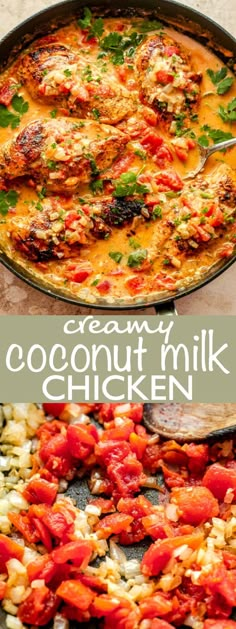 creamy coconut milk chicken with tomatoes in a pan