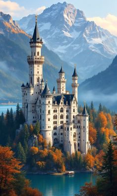 an image of a castle that is in the middle of some trees with mountains in the background