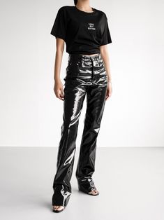 Classic patent vegan leather trousers in Aluminium. Long length and fitted silhouette, with patent shine. Slightly flared ankle. Zip and button closure. Model is in MINUSEY S. ✔️ Free worldwide express shipping over $100✔️ Loved by 6,500+ customers✔️ Limited edition collections, maximum style⠀⠀⠀⠀⠀⠀⠀⠀⠀Stay ahead of the trend with can’t-find-anywhere-else staples. Your closet will thank you 💕 * MINUSEY S = EU 32, US 0* MINUSEY M = EU 34, US 2* MINUSEY L = EU 36, US 4* 100% Aluminium* Dry clean* Made in Korea - Model Height: 172cm/5'7" (US2, EU34) Patent Pants Outfit, Leather Pants Outfit Night, Black Leather Pants Outfit, Patent Leather Pants, Leather Pants Outfit, Wide Trousers, Black Leather Pants, Korean Fashion Women, Leather Trousers