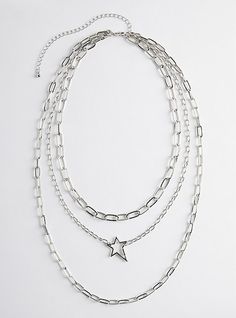 FIT. Layer 1: 19”, Layer 2: 21”, Layer 3: 26. 5”+ 5 extender”. MATERIALS + CARE. Man-made materials. Base metal. . Imported. DETAILS. Layered design. . Chainlink. Silver tone finish. The best plus size women's layered necklace - silver tone link with star necklaces in gold. Torrid is your destination for the freshest spring and summer styles. Layered Necklace Silver, White Necklaces, Star Necklaces, Layered Necklaces Silver, Layered Chains, Pretty Jewelry, Layered Design, Star Images, Summer Styles