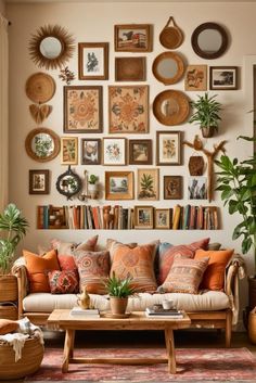 a living room filled with furniture and lots of pictures on the wall above it's coffee table