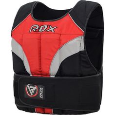 a red and black chest protector with the word rdx on it's chest