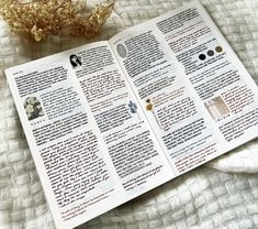 an open book sitting on top of a bed next to dried flowers