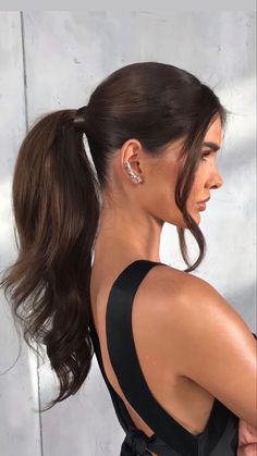 Easy cute trendy hairstyle ideas | Hairstyle tutorials ideas Slick Back Ponytail With Dress, Ball Hairstyles Ponytail, Formal Hair Ideas Ponytail, Slick Ponytail Hairstyles Wedding, Sleek Prom Updo, Slicked Back Pony Wedding Hair, Formal Sleek Ponytail, Slick Pony Bridesmaid, Sleek Wedding Pony