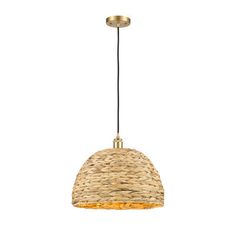 a light that is hanging from the ceiling with wicker shades on it and a black cord