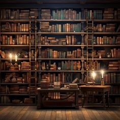 an old library filled with lots of books and desks next to two lamps on wooden shelves