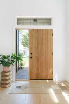 an empty room with a wooden door and potted plant on the floor next to it