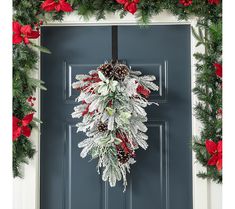 a christmas wreath hanging on the front door