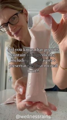 a woman in glasses is holding up a fake toothbrush with the caption did you know that goats contain certain ingredients, including flours, flavors and preserevaves, but no real meat?